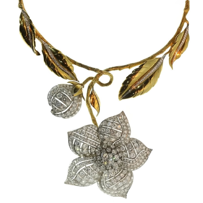 Exuberant parure necklace earrings brooch interchangable parts 34+ crts diamonds